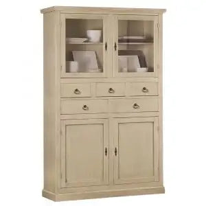 Credenza cristalliera in legno Shabby chic avorio anticato 5 cassetti