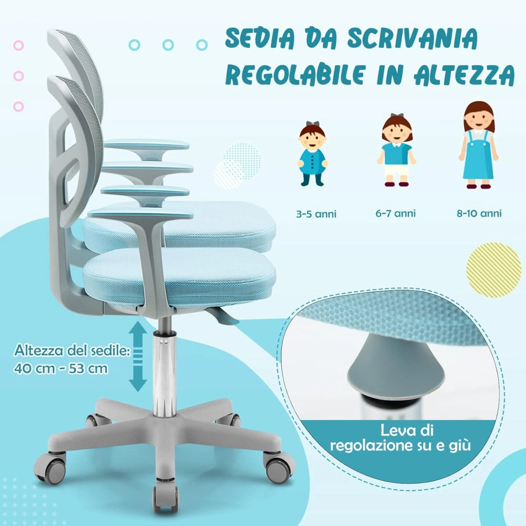 Sedia per Scrivania per Bambini, Sedia per Computer per Bambini con Altezza Regolabile, Ruote con Freni, Sedile Girevole a Rete, Sedia Ergonomica per Bambini 3-10 Anni (Blu)