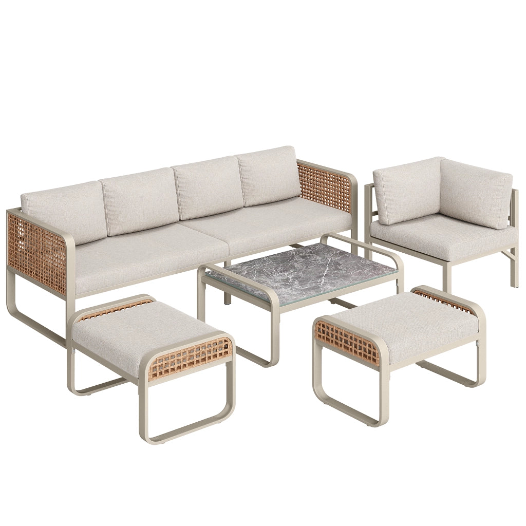 Set Divano da Giardino Angolare 6-7 Posti ¨C MINIMAL ¨C Polyrattan Beige con Cuscini