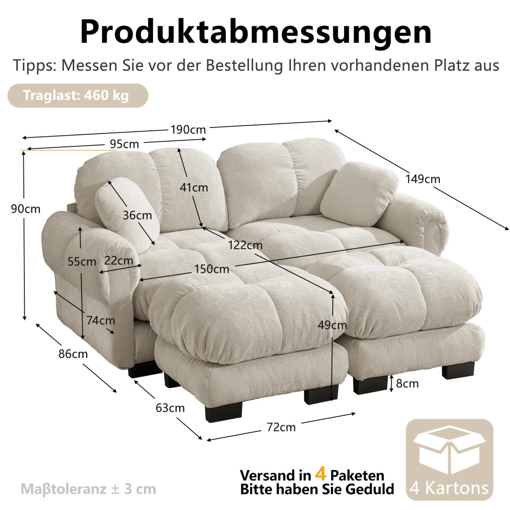 Divano modulare in chenille con pouf mobile 190x149x90 cm; trapuntato; light khaki