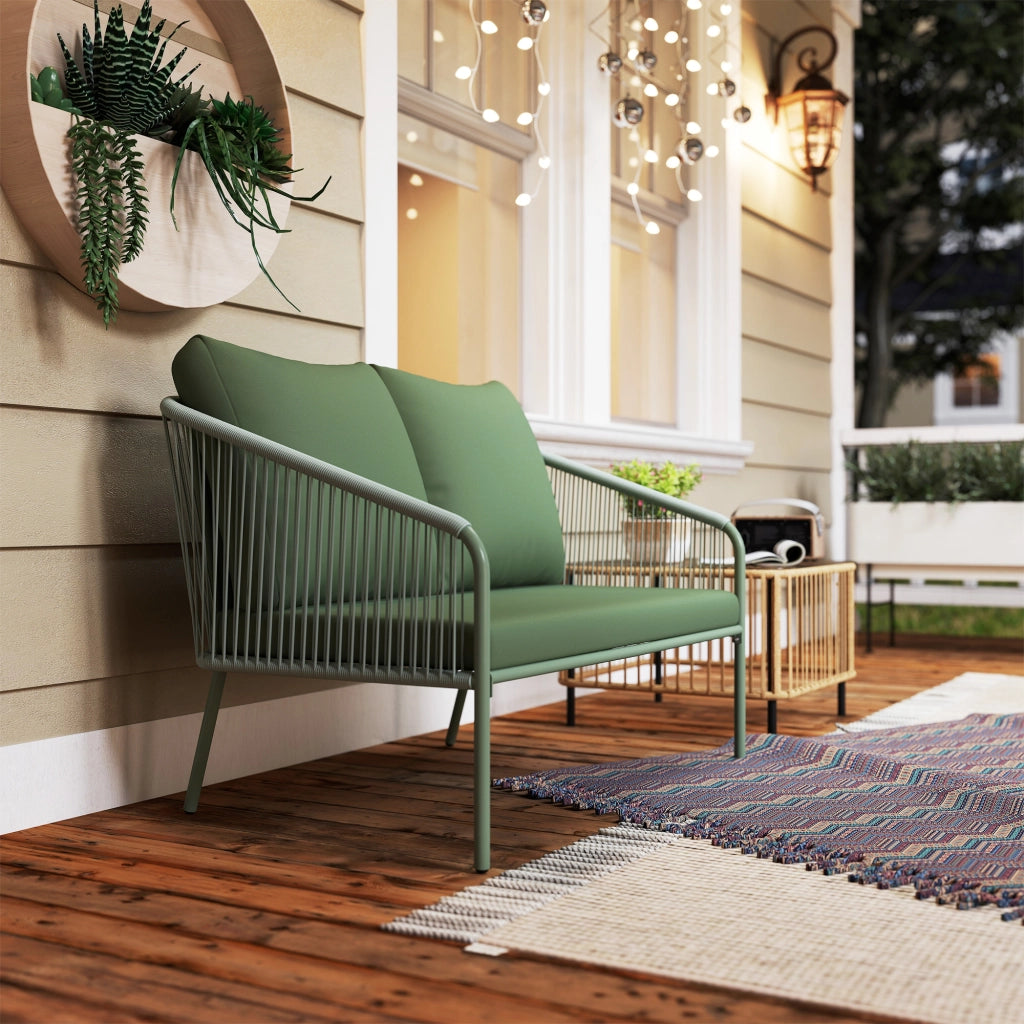 Divano da Giardino 2 Posti Stile Boho con Cuscini Sfoderabili in Rattan PE Verde