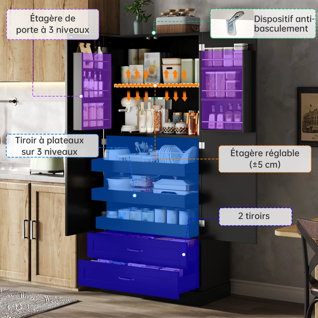 Dispensa da cucina alta con 3 ripiani estraibili; 2 cassetti e 2 ante; in MDF nero; 80 × 37.5 × 180 cm
