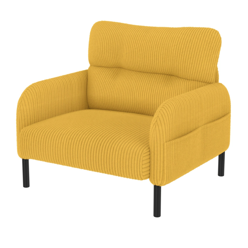 Poltrona singola in velluto a coste giallo con tasca laterale; 67x75x79 cm; struttura in metallo