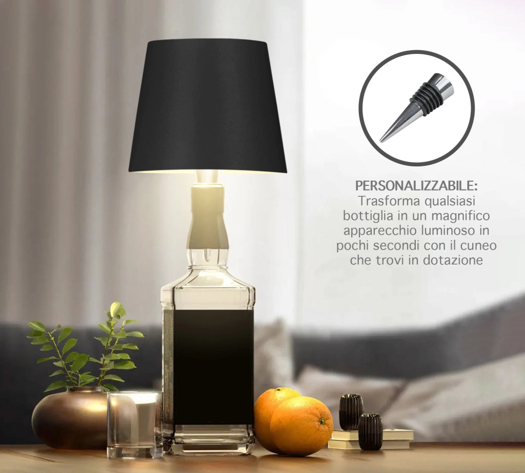 Coppia Di Lampada Da Tavolo LED Set 2 Pezzi Design Moderno Senza Fili Ricaricabile Controllo Touch Selezione Colore Intensità Dimmerabile Altezza Regolabile Con Adattatore Per Bottiglia 3000/4500/600K  2Pz-Plain-Nero