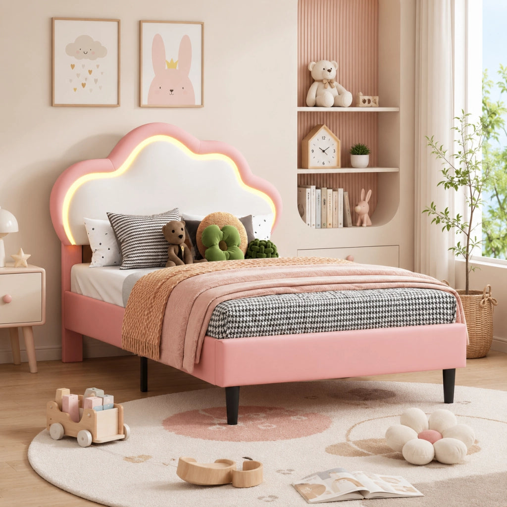 Letto per bambini 90x200cm con testiera a nuvola regolabile, rivestimento ecopelle rosa, luci RGB LED, telecomando e app, struttura robusta per camera da letto