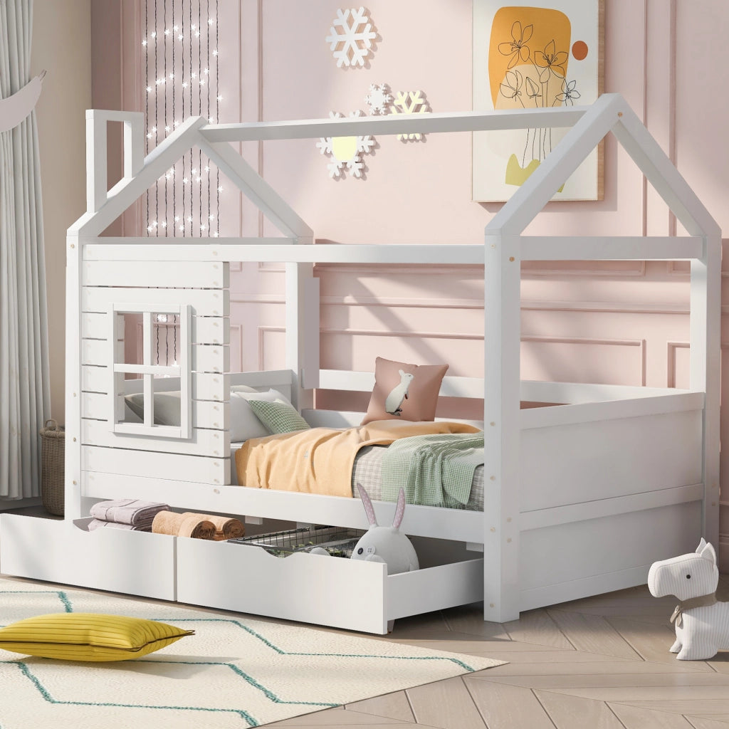 Letto a casetta per bambini 90x200 cm bianco con cassetti