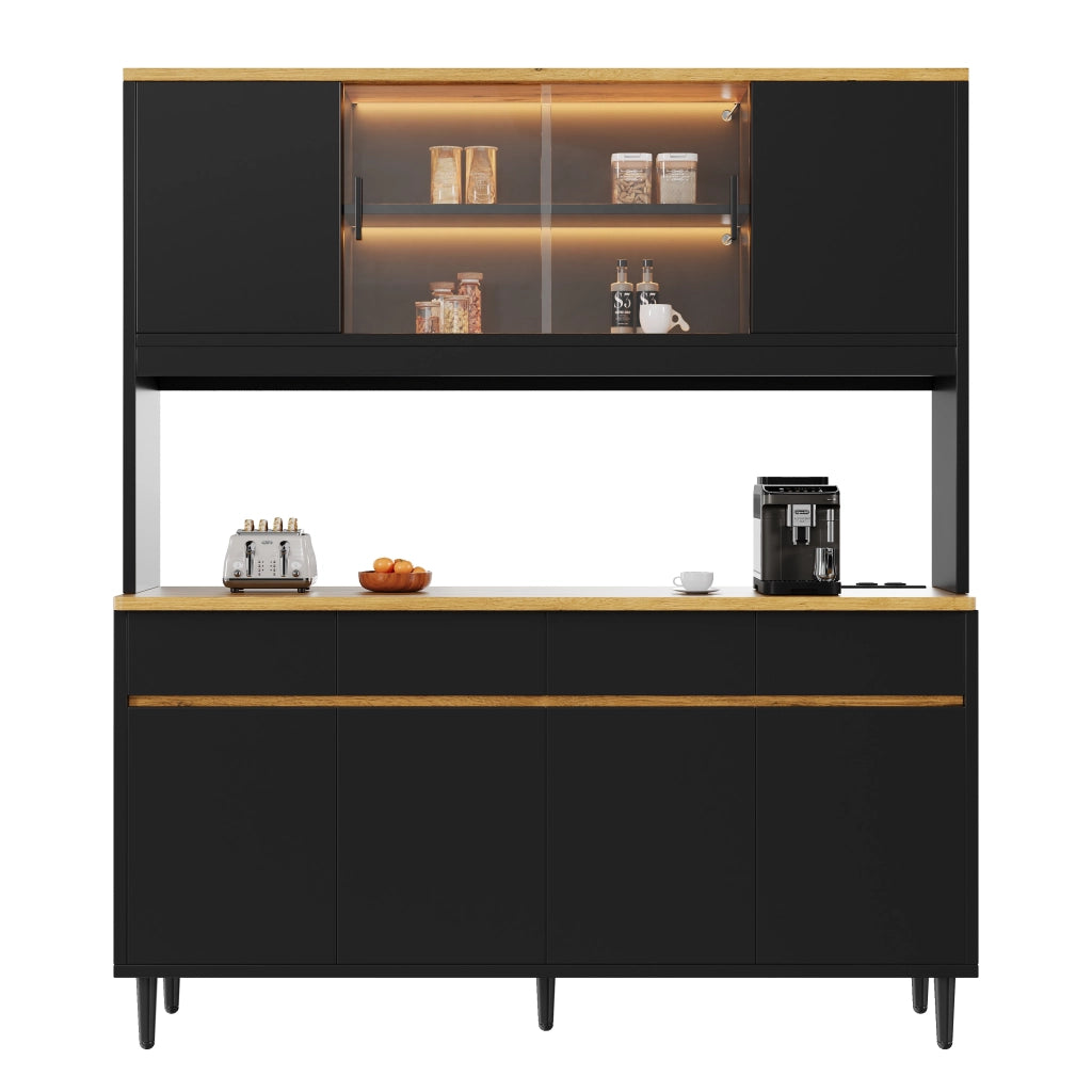 Credenza e madia con LED app, porte in vetro e prese USB, per soggiorno e cucina, in truciolare, nero, 160 × 40 × 185 cm