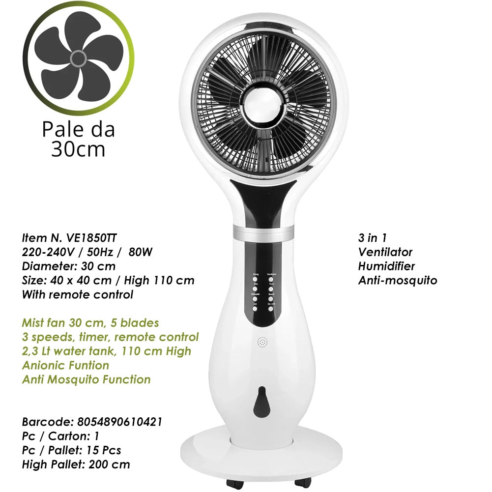 Ventilatore con Ruote Combinato Umidificatore Ioni Anti Zanzare 40x40x110cm