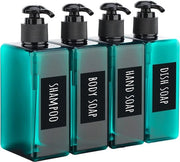 Dispensatore quadrato, 4 pezzi 280 ml set di dispenser di sapone con etichette a mano per shampoo, gel doccia, sapone liquido, flaconi di plastica pompabili per cucina e bagno, blu pavone