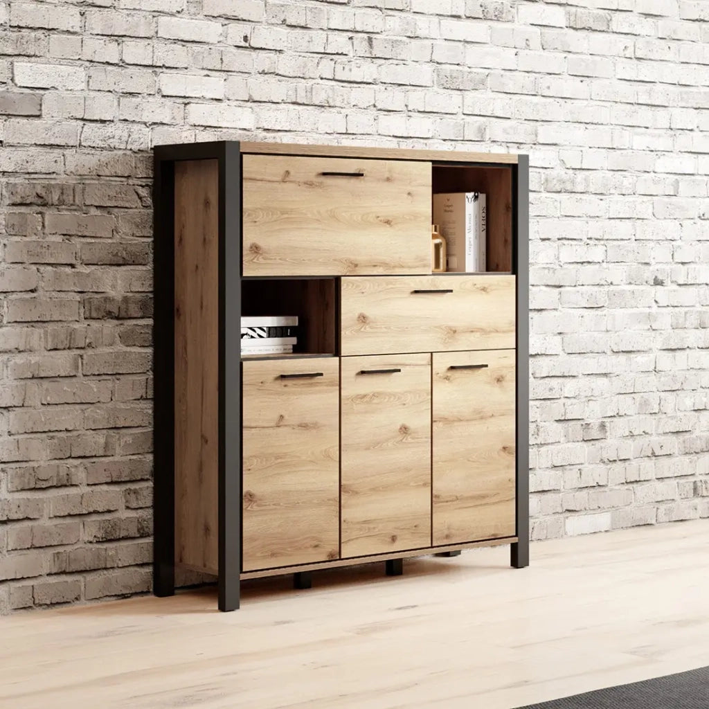 Credenza 4 porte e 1 cassetto collezione TIVORA. Colore rovere e nero.