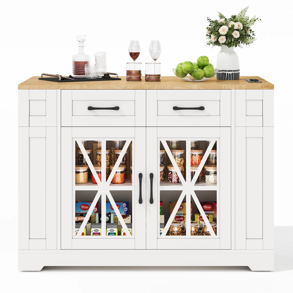 Isola da Cucina Mobile 120x40/65x92 cm con Piano Ribaltabile; 2 Prese; 2 USB; Ante in Vetro e Ruote