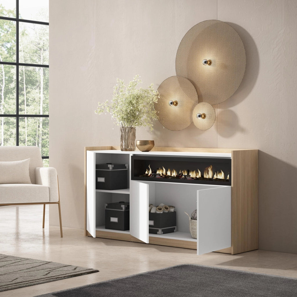 Credenza, Mobile, Cucina, 156x80x37 cm, 3 Porte, Camino elettrico, Bianco e Rovere soft