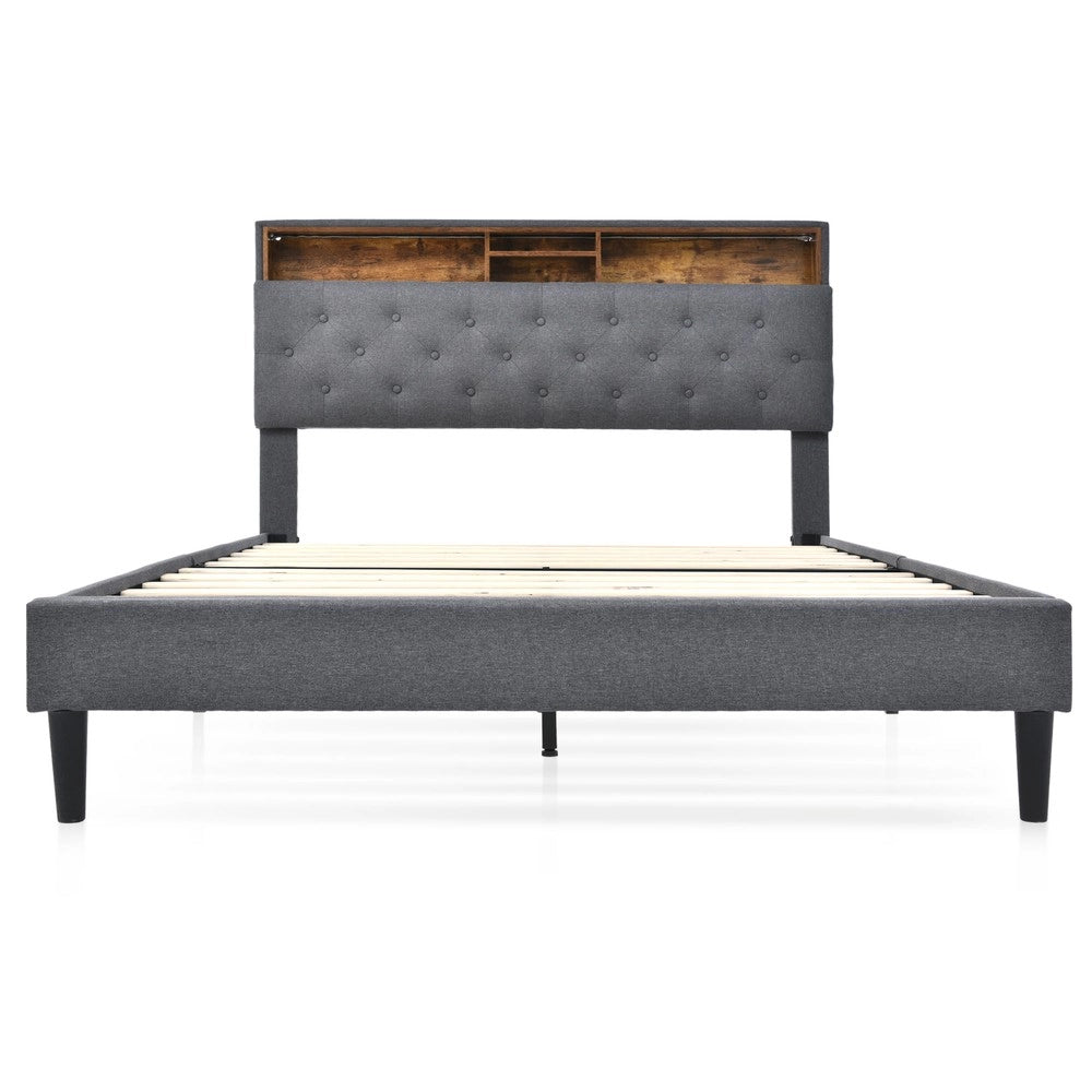 Letto Contenitore Imbottito con LED ¨C MINIMAL ¨C Grigio, 140x200, con materasso
