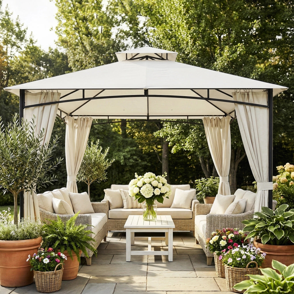 Gazebo da Giardino ¨C zephmum ¨C Doppio Tetto Retrattile UV50+ Impermeabile 3x3m Crema