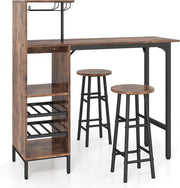 Set 3 Pezzi Tavolo e Sedie da Bar, Tavolo e Sgabelli da Pub Industriale con Porta Calici e 6 Portabottiglie da Vino, Set di Tavolo per Sala da Pranzo, Ristorante e Bar (Caffè)