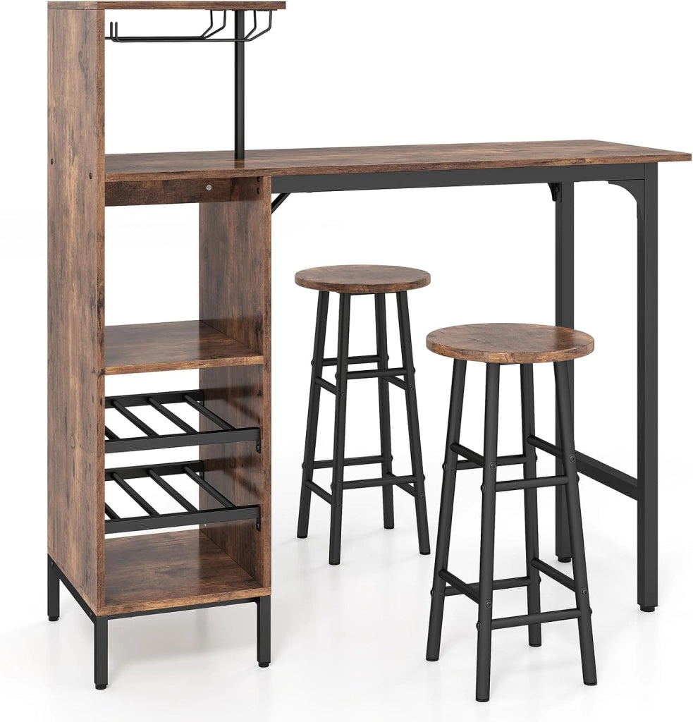 Set 3 Pezzi Tavolo e Sedie da Bar, Tavolo e Sgabelli da Pub Industriale con Porta Calici e 6 Portabottiglie da Vino, Set di Tavolo per Sala da Pranzo, Ristorante e Bar (Caffè)