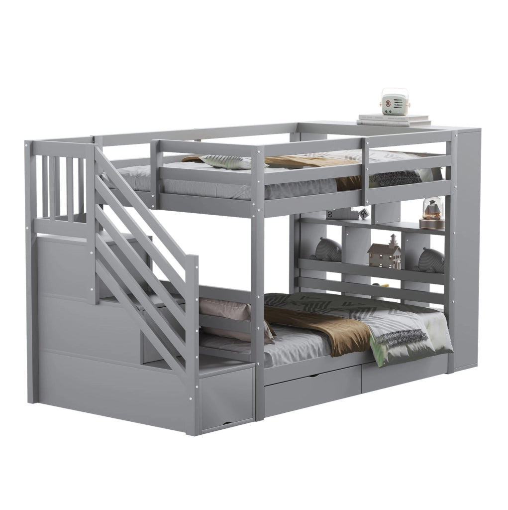 Letto a castello 90x200 cm grigio con scala contenitore