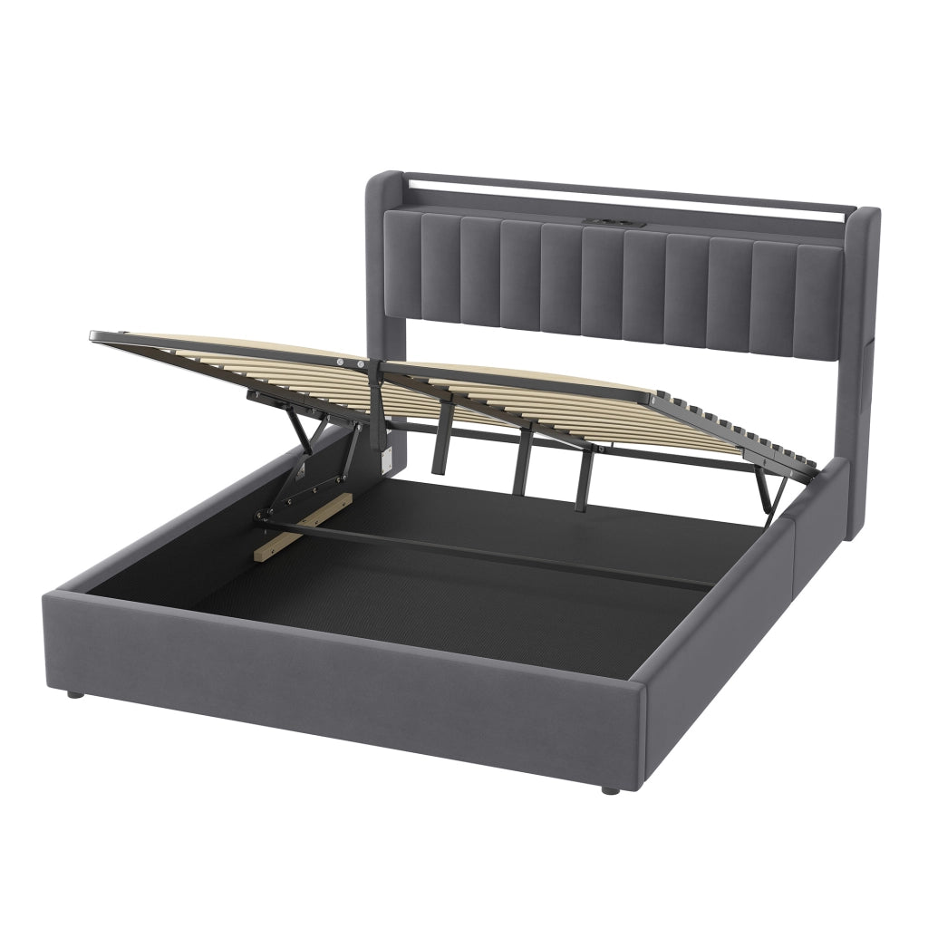 LETTO Imbottito 160 x 200 cm Grigio Scuro con Contenitore, USB e LED