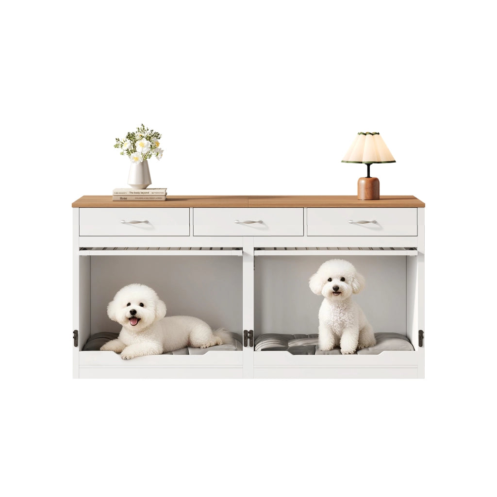 Mobile Gabbia per Cani 164×60×81 cm con Divisorio Rimovibile; 3 Cassetti e Porta Ribaltabile; Bianco Legno