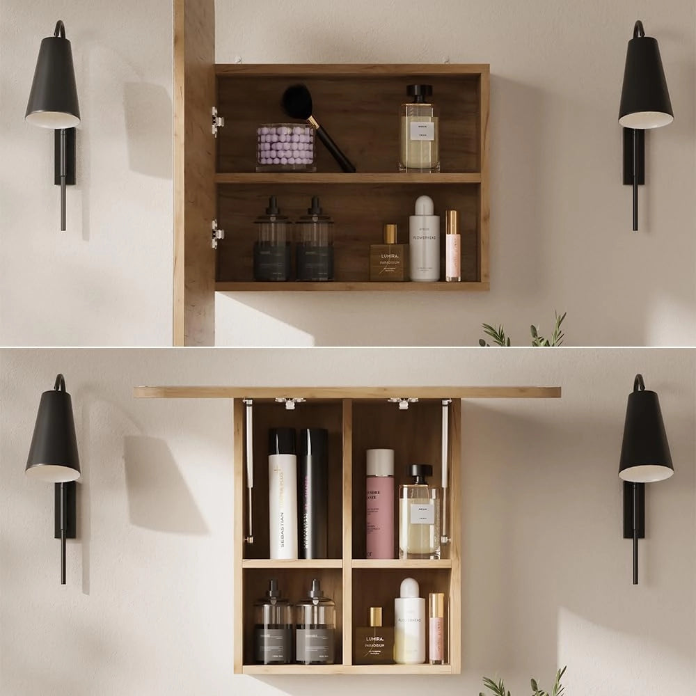 Specchio contenitore bagno Zino, Quercia dorata, 65 x 50 cm con ripiani
