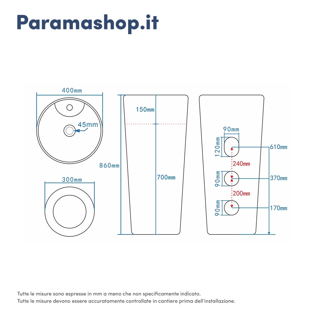 Lavabo freestanding diam. 40 cm in ceramica bianco lucido con troppopieno | Azov