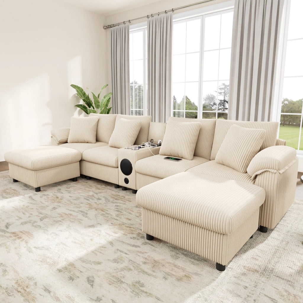 Divano modulare ad angolo con audio Bluetooth, console, ricarica wireless, USB e portabicchieri, Corduroy Beige