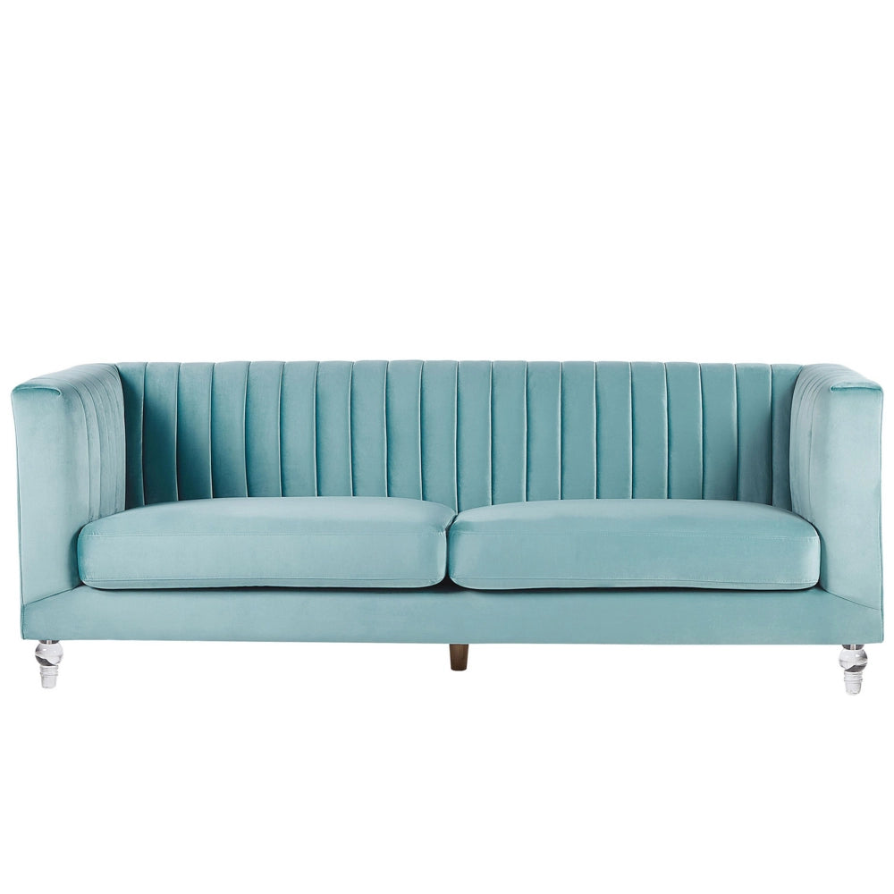 Divano di colore azzurro a 3 posti in velluto trapuntato stile Glamour ed Elegante