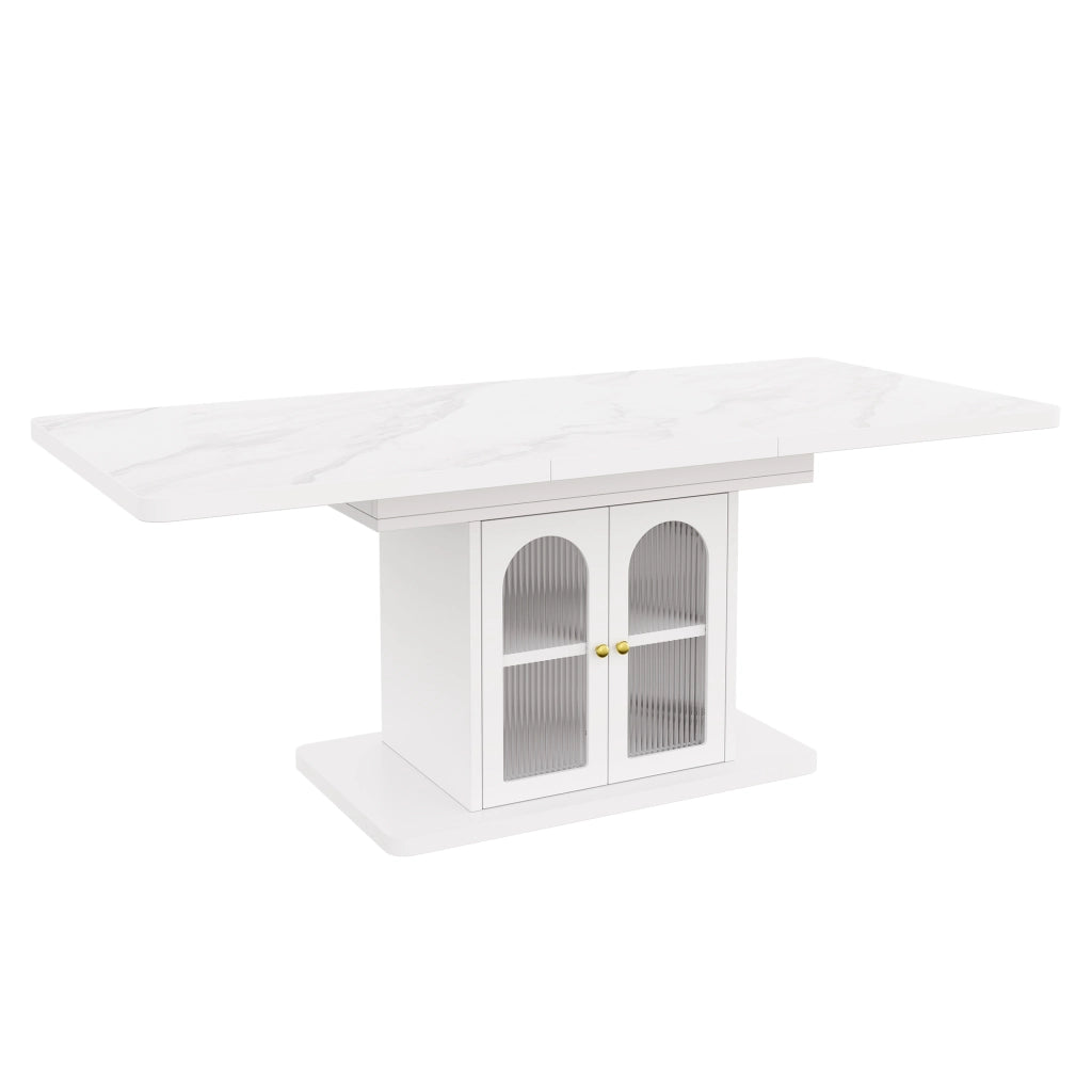 Tavolo da pranzo allungabile 150-200x80 cm con LED; per 6-8 persone; vani portaoggetti; design scandinavo; MDF bianco