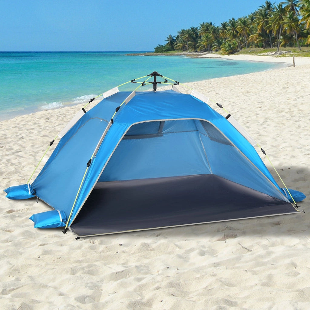 Tenda da Spiaggia Pop Up 220x173x120 cm con Porta a Cerniera in Poliestere e Fibra di Vetro Blu Cielo e Grigio