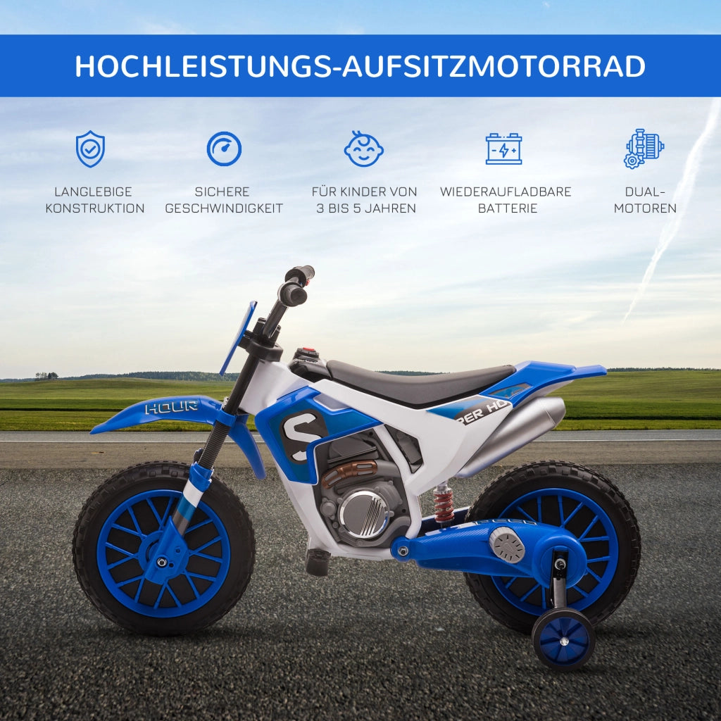 Motocicletta Elettrica Bambini con Ruote di Supporto ¨C zephmum ¨C Blu e Bianco 106.5x51.5x68cm