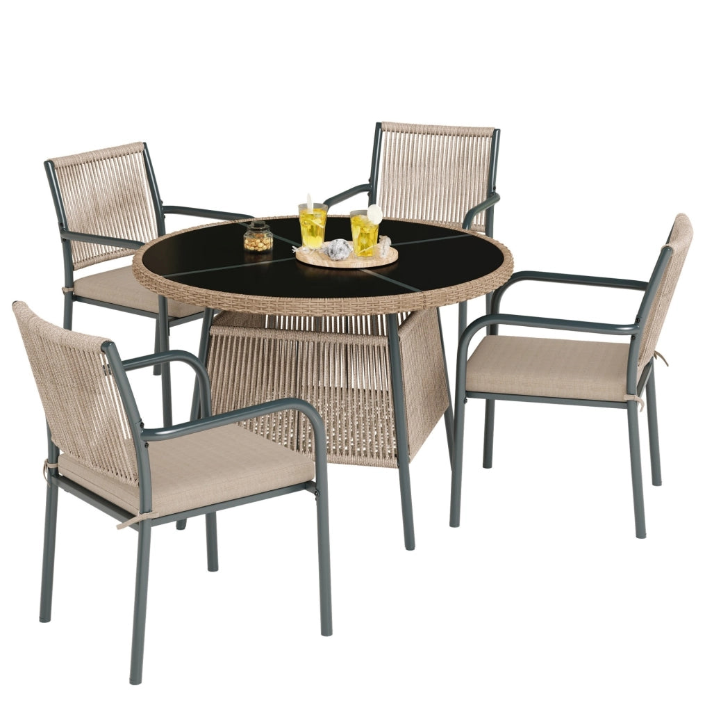 Set da giardino 5 pezzi con tavolo rotondo in vetro temperato; sedie con braccioli; grigio