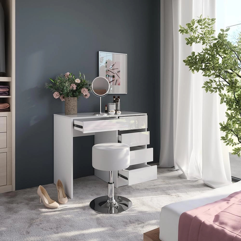 Tavolo da toeletta Sherry, Bianco/bianco lucido, 89.8 cm con sgabello