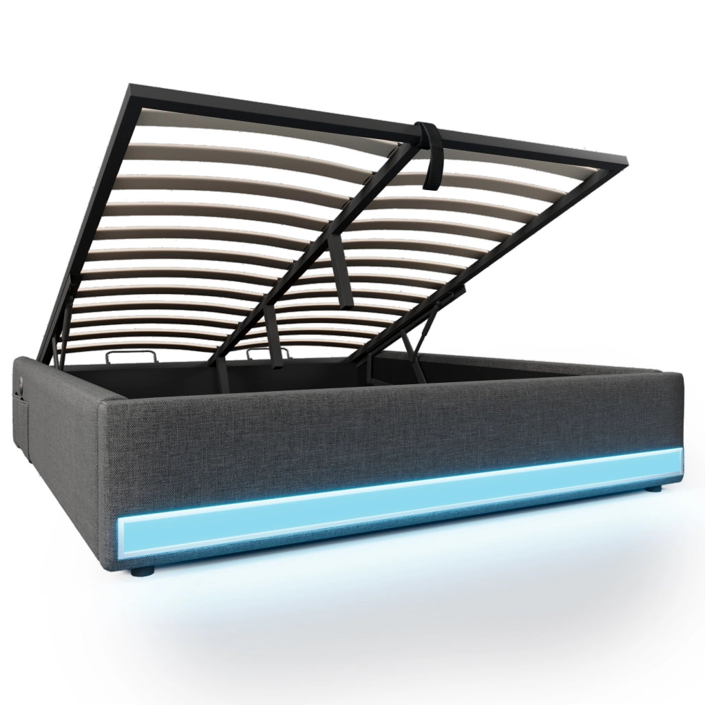 Letto Contenitore Matrimoniale 140x200 cm; USB; Type-C; LED; Tasche laterali; in Lino Grigio