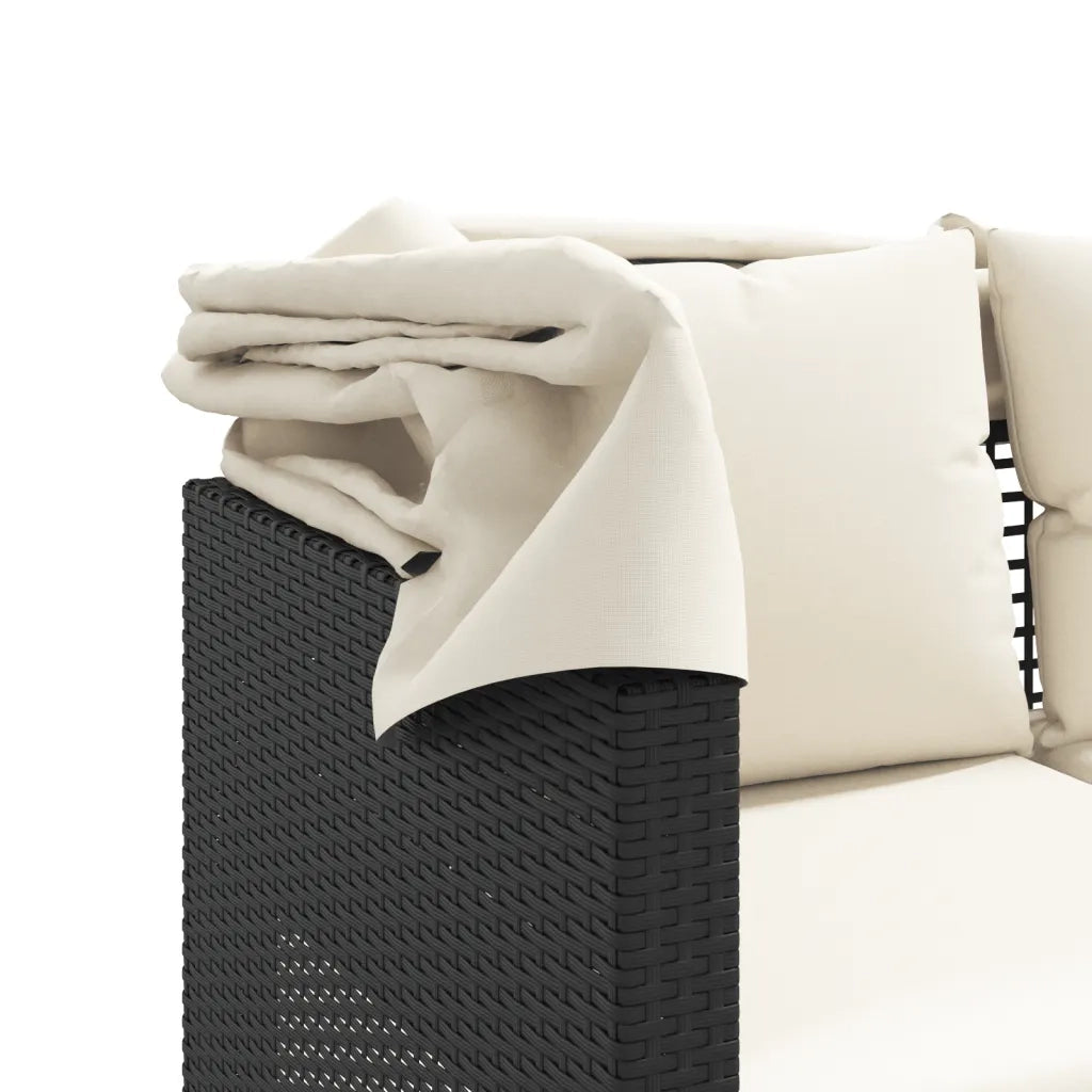 Divano Giardino 3 Posti Baldacchino e Sgabelli Nero Polyrattan
