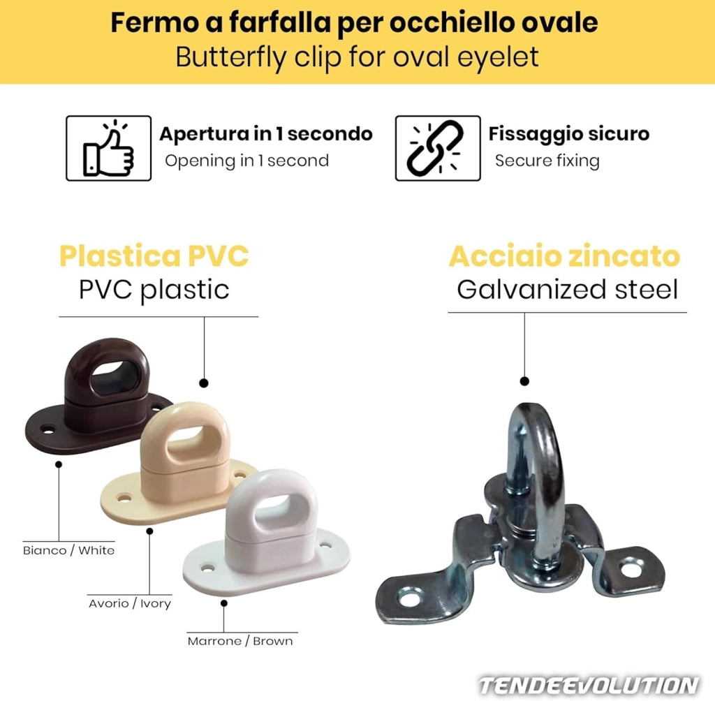 Fermo a farfalla in plastica bianco Cavallotto A Molla per Occhiello Ovale in PVC per Teloni Gazebo Copertura Laterale