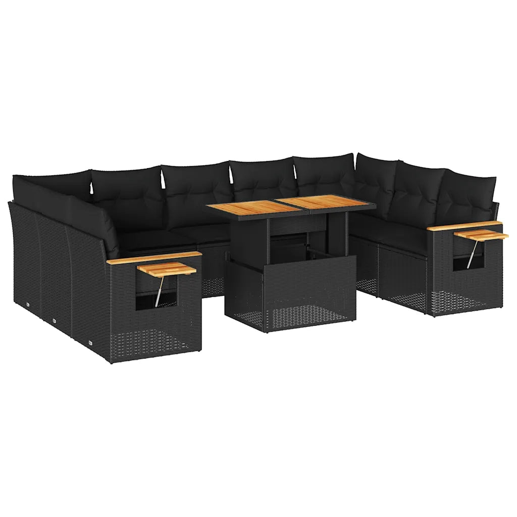 Set Divani Giardino 10pz con Cuscini Nero in Polyrattan Acacia 3327639