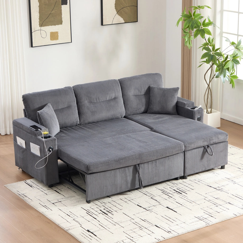 Divano 3 posti con vano nel bracciolo; portabicchieri e USB-C; chaise longue idraulica e letto estraibile; 212.5 Ã— 136 Ã— 86 cm