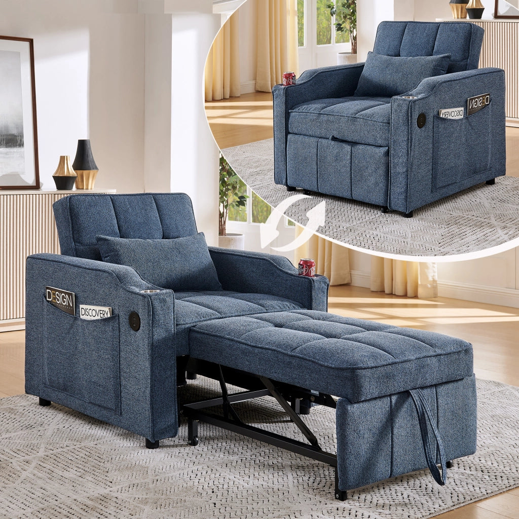Poltrona letto 3 in 1 con USB e USB-C, schienale regolabile, portabicchieri e tasche laterali in tessuto blu navy