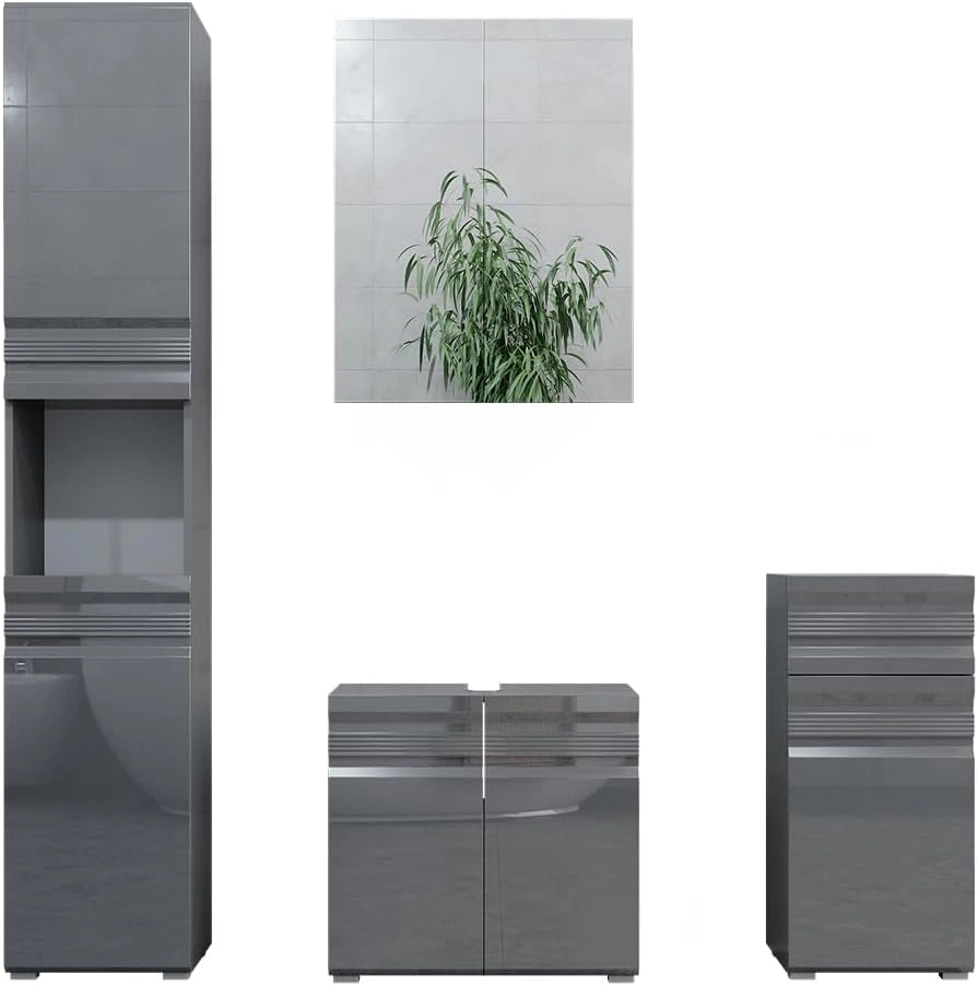 Set mobili bagno Fredd, Antracite lucido, 56 cm, composto da mobile lavabo, pensile a specchio, colonna e base media