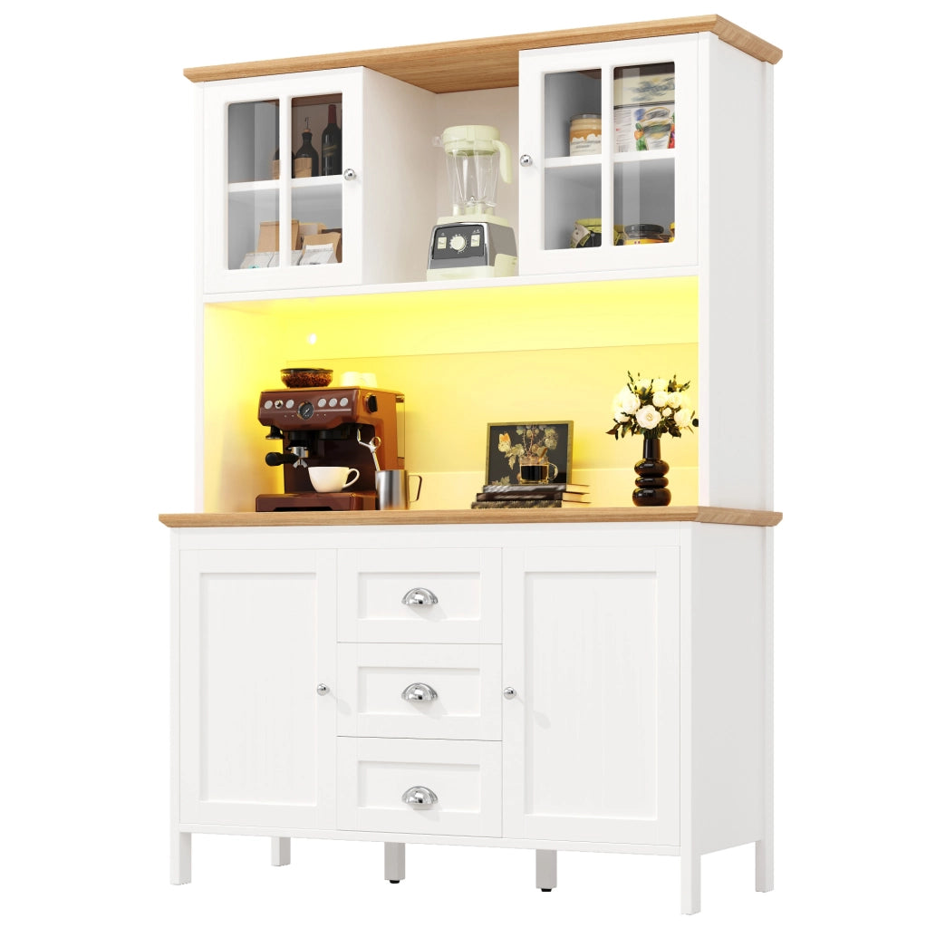 Credenza alta 120x40x179 cm con LED; 4 ante e 3 cassetti in MDF e metallo bianco