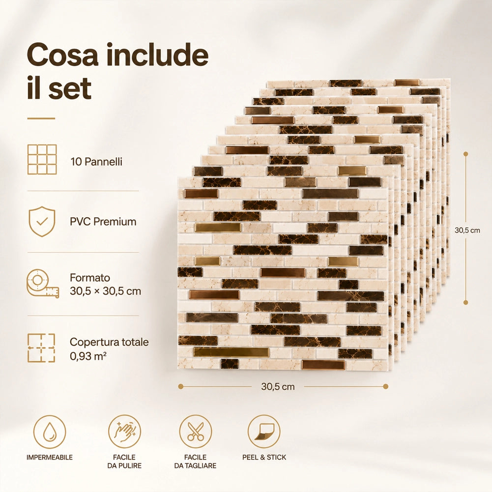 Set 10 Pannelli Adesivi Piastrelle da Parete 30,5 cm Decoro Mosaico Mattoncini in PVC Marrone