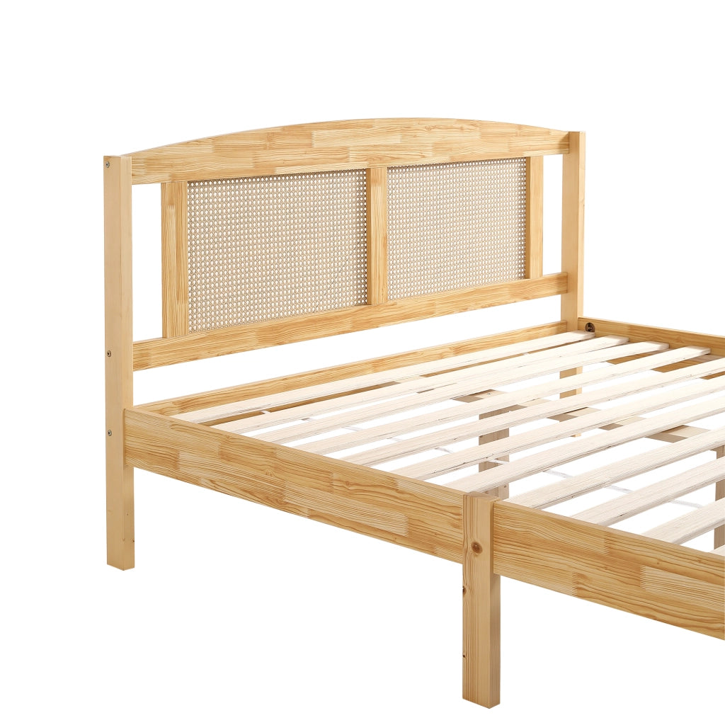 Letto Matrimoniale 160 x 200 cm; 15 Doghe e Piedini Centrali - in Legno e Rattan - Naturale