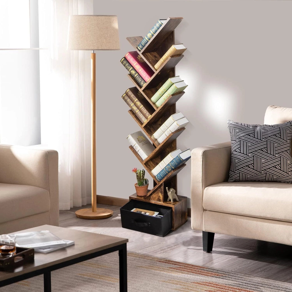 Libreria ad Albero, a 8 Ripiani, Scaffale per Libri con Cassetto Rimovibile, Design di Antiribaltamento, Organizzazione per CD, Riviste, Libri, 38x20x149,5 cm, 4 Colori (Marrone)