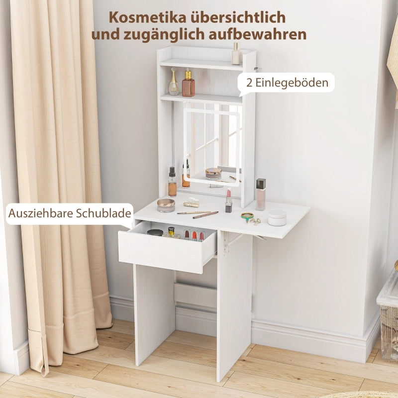 Trucchi con specchio e luci LED ¨C Minimal ¨C MDF bianco, piano pieghevole, ripiani, cassetto