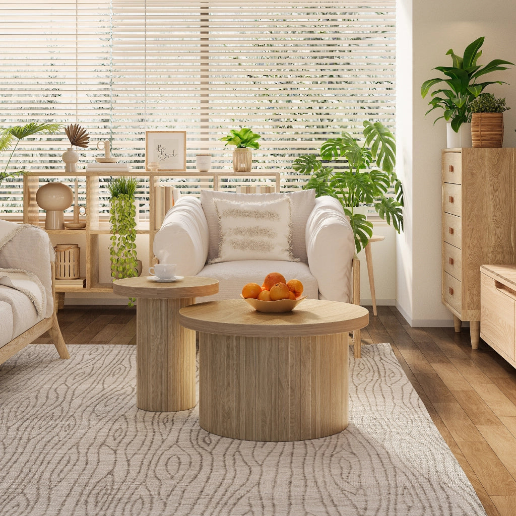 Tavolini da Salotto Impilabili Rotondi con Gambe a Listelli; Stile Moderno; in MDF; Naturale