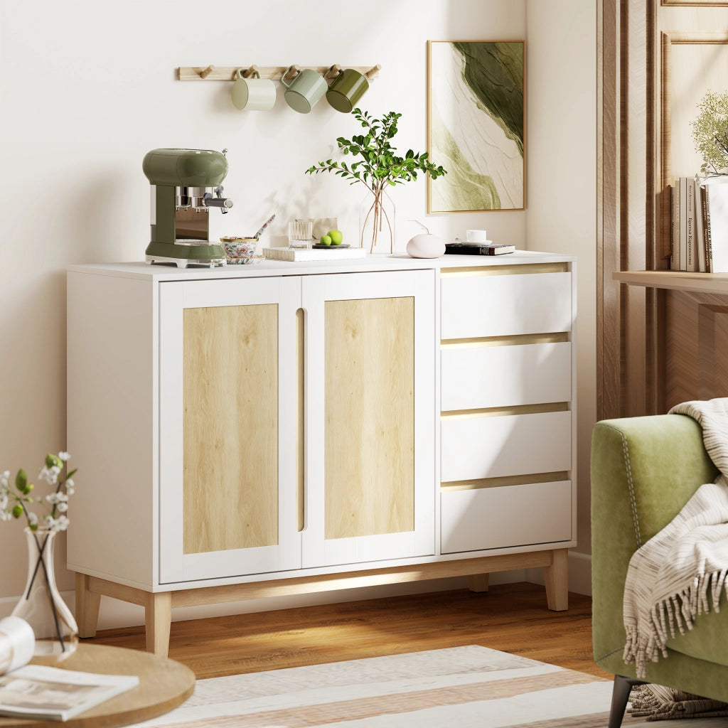 Mobile Buffet con 2 Ante e 4 Cassetti ¨C Xylo ¨C Bianco e Rovere 120x40x86 cm