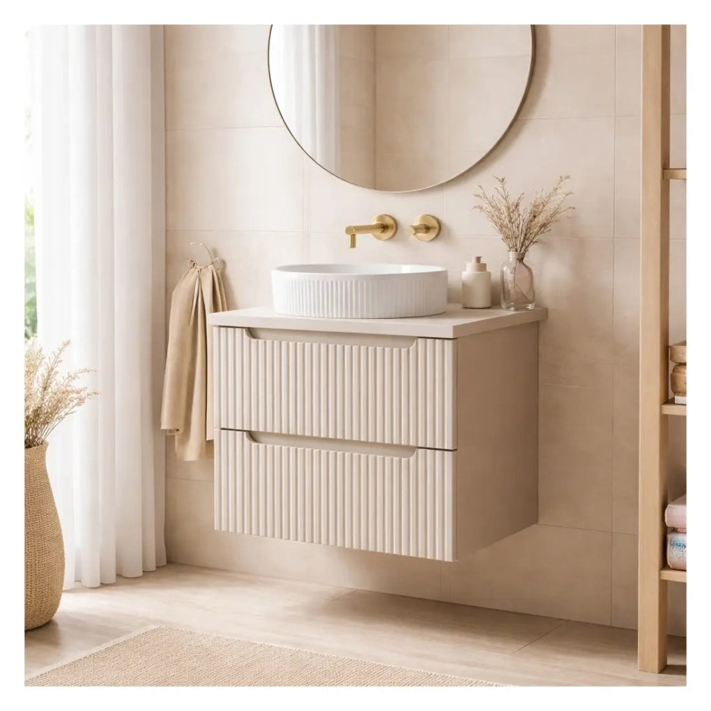 Set VANO cashmere mat 80cm: mobile sottolavabo con cassetti + piano per lavabo + lavabo da appoggio scanalato bianco