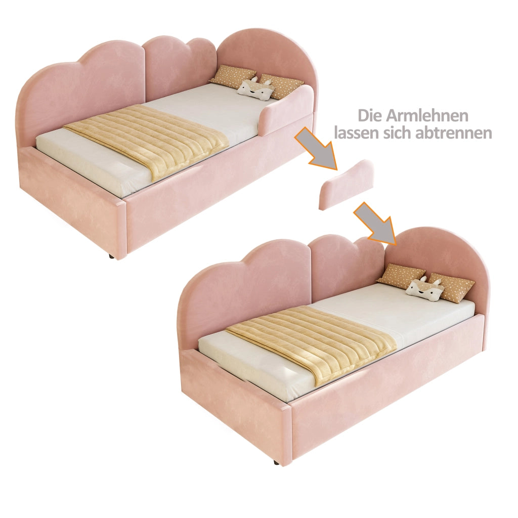 Letto imbottito L con letto estraibile e testiera a forma di nuvola in velluto rosa per camera da letto
