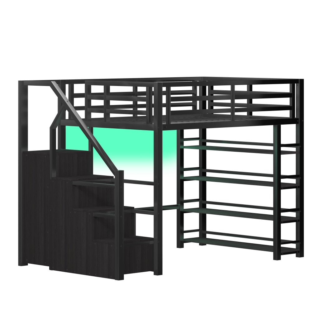Letto a soppalco 140 × 200 cm con scaffale, armadio, scala contenitore e LED, senza materasso, nero