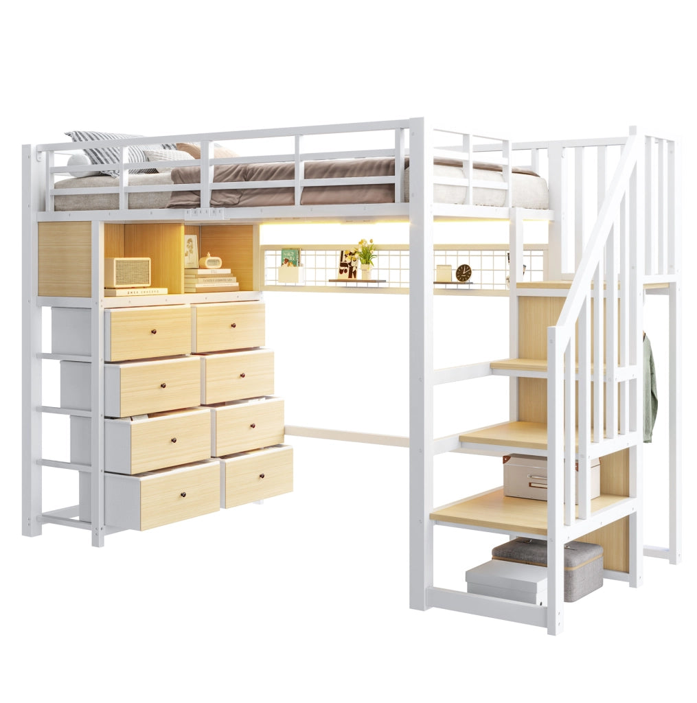 Letto a soppalco 90x200 cm con 8 cassetti, LED e scala in MDF e metallo bianco